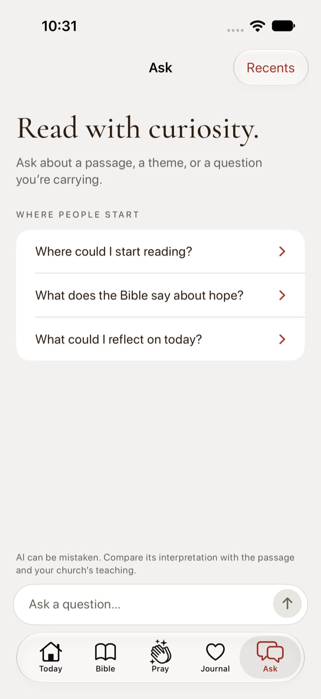 Ask preview with Bible-study questions and an AI accuracy reminder